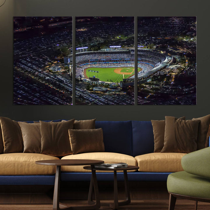 A large Los Angeles Dodgers print of Dodger Stadium at night is displayed near a window.