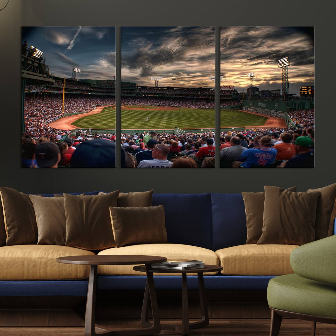 Boston Red Sox canvas print of Fenway Park at sunset, ideal for sports fans.