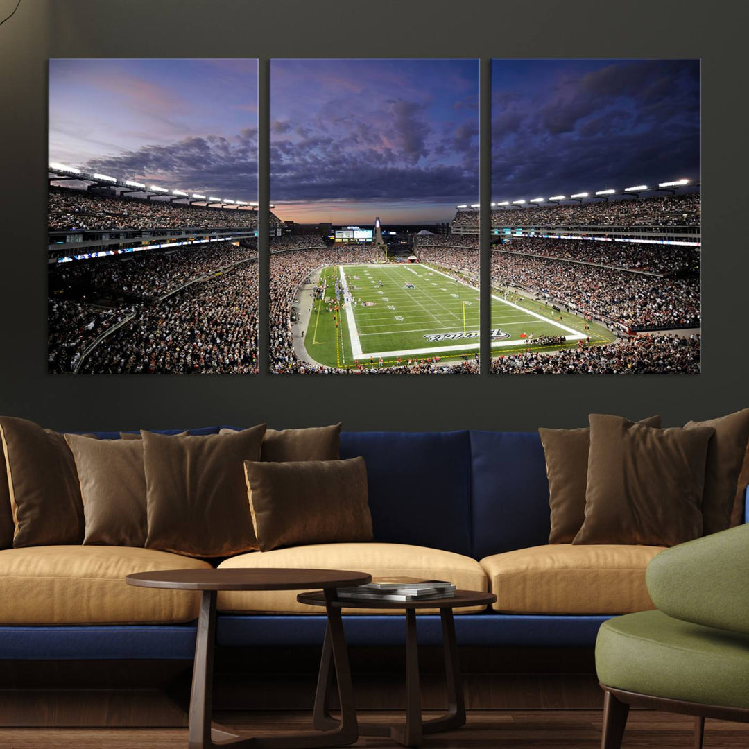 A large New England Patriots Foxborough Gillette Stadium wall art canvas print at sunset.