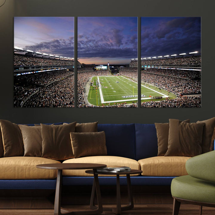 A large New England Patriots Foxborough Gillette Stadium wall art canvas print at sunset.