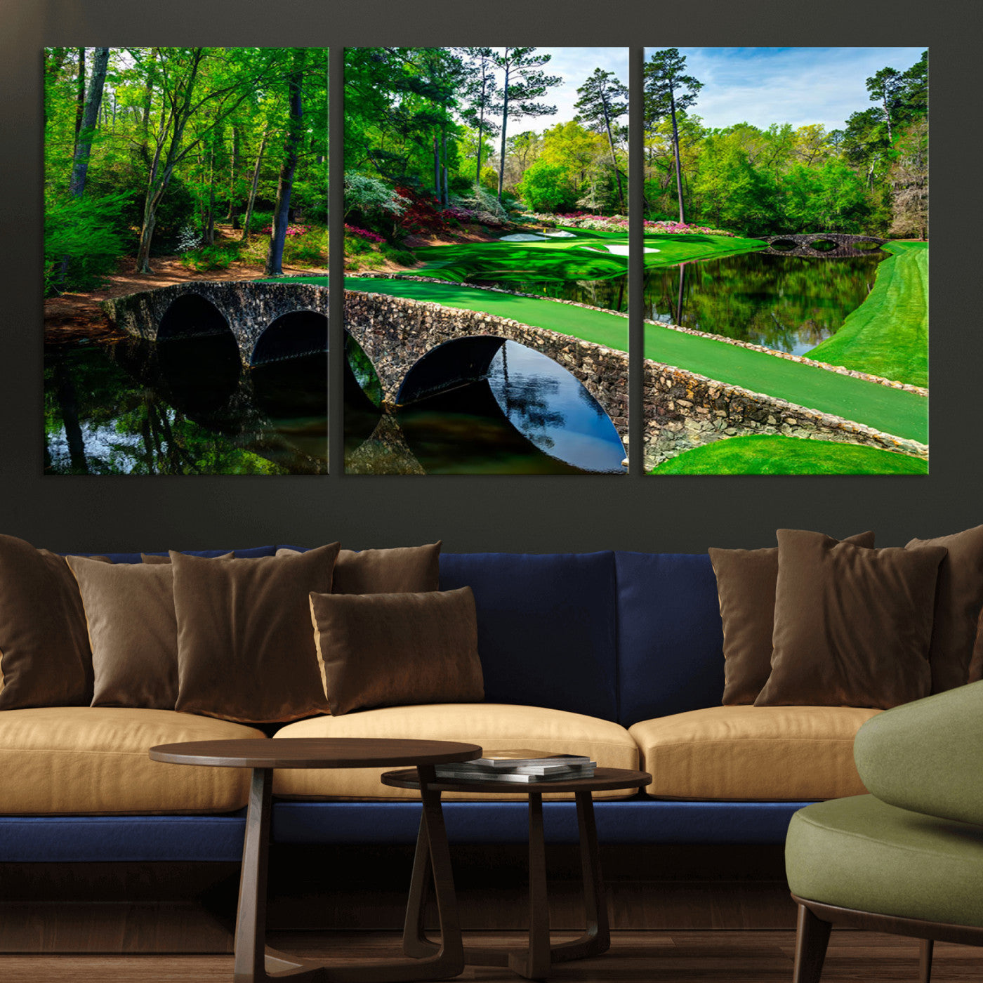MGV-CV-60X30-3P - Augusta National Golf Club Wall Art - Panoramic Bridge & Lush Greenery – Premium Framed, Ready-to-Hang Triptych Canvas
