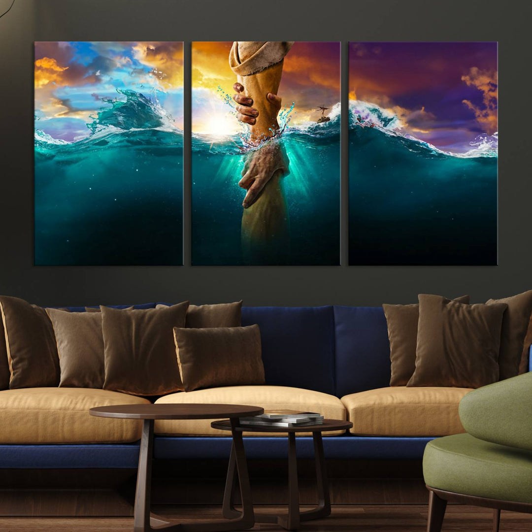 The God Hand Wall Art Canvas Print depicts hands reaching through water against a vibrant sky.