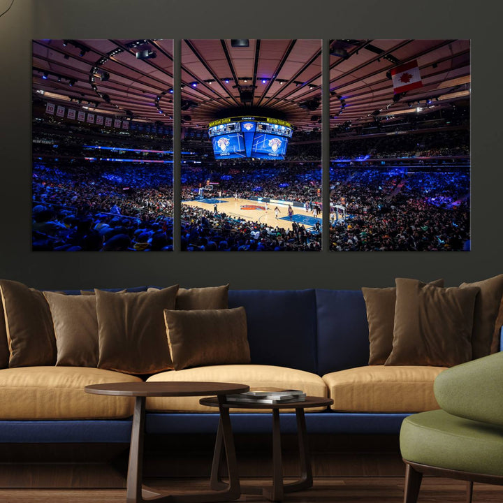 A print depicting an NBA game at Madison Square Garden, highlighting the scoreboard.