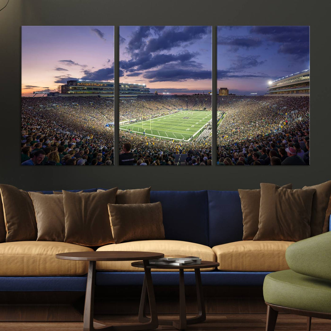 As the sun sets, a stunning backdrop highlights the Notre Dame Fighting Irish Football Team Print.