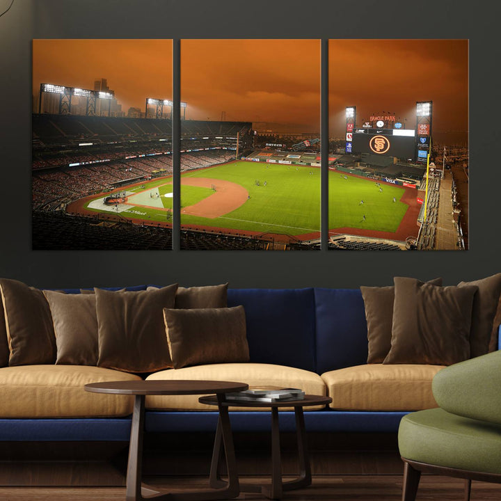 A canvas depicting an Oracle Park game with an orange sky, from SF Giants Stadium Wall Art.