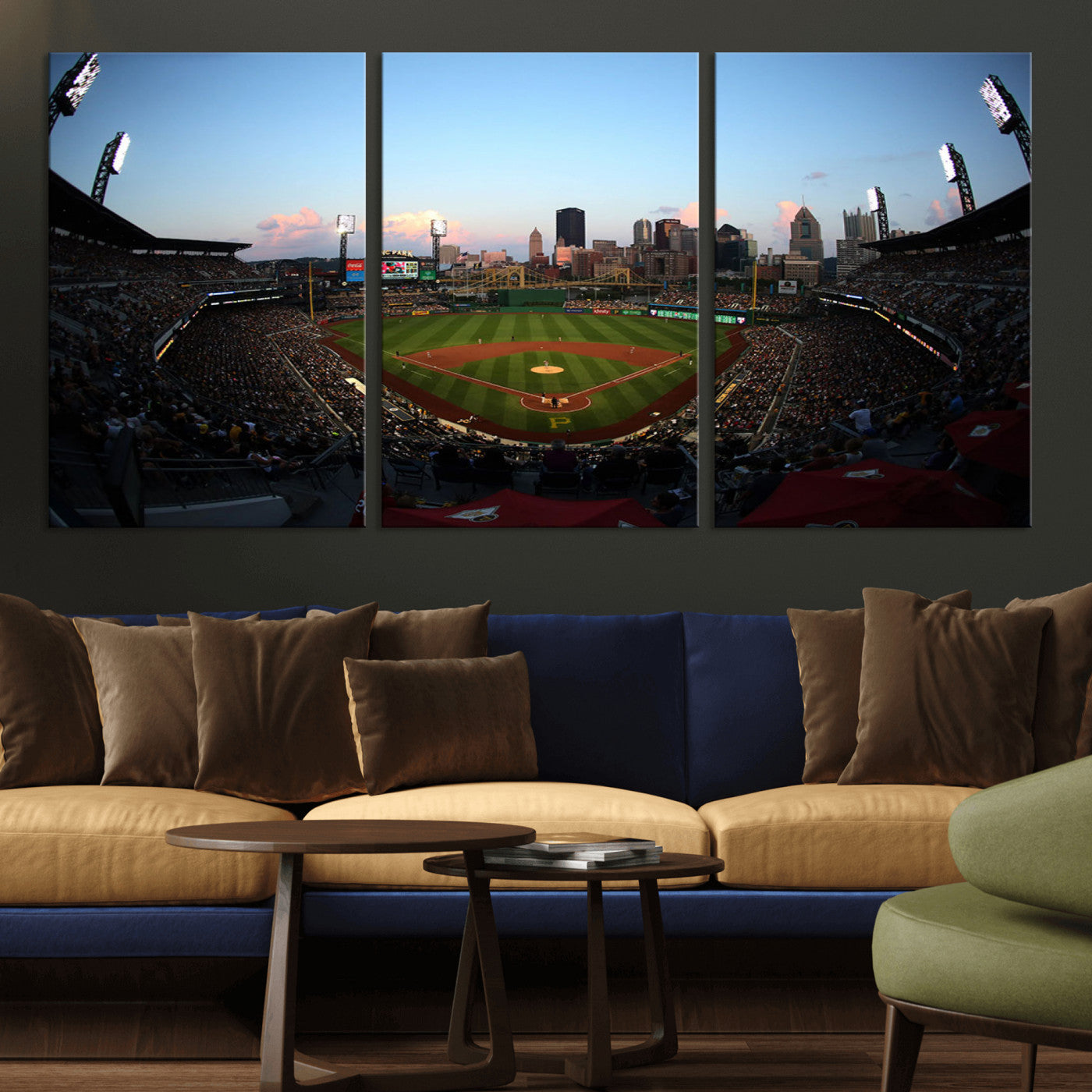 MGV-CV-60X30-3P - PNC Park Evening Game Triple Canvas Wall Art - Pittsburgh Pirates MLB Match - PNC Park Stadium Wall Art Canvas Print
