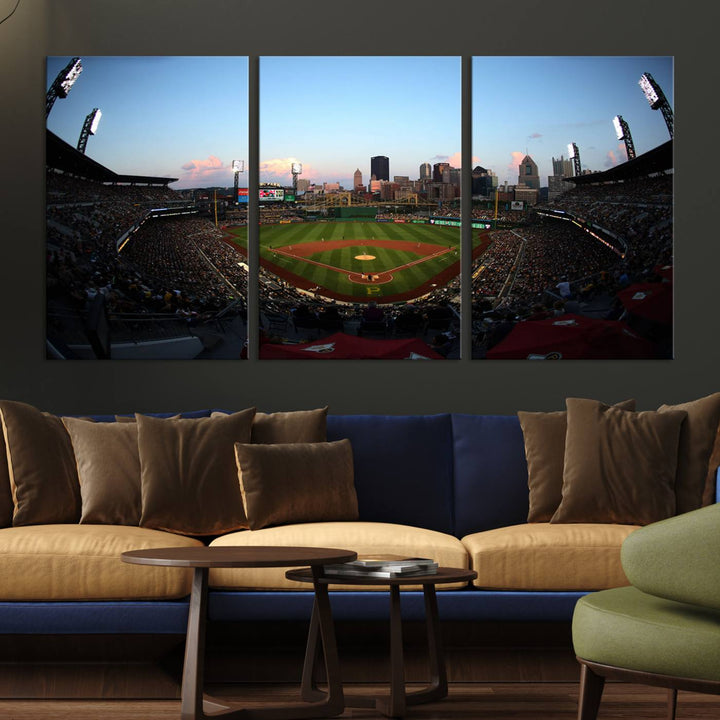 The PNC Park Evening Game Canvas, featuring a skyline backdrop, is displayed on the wall.