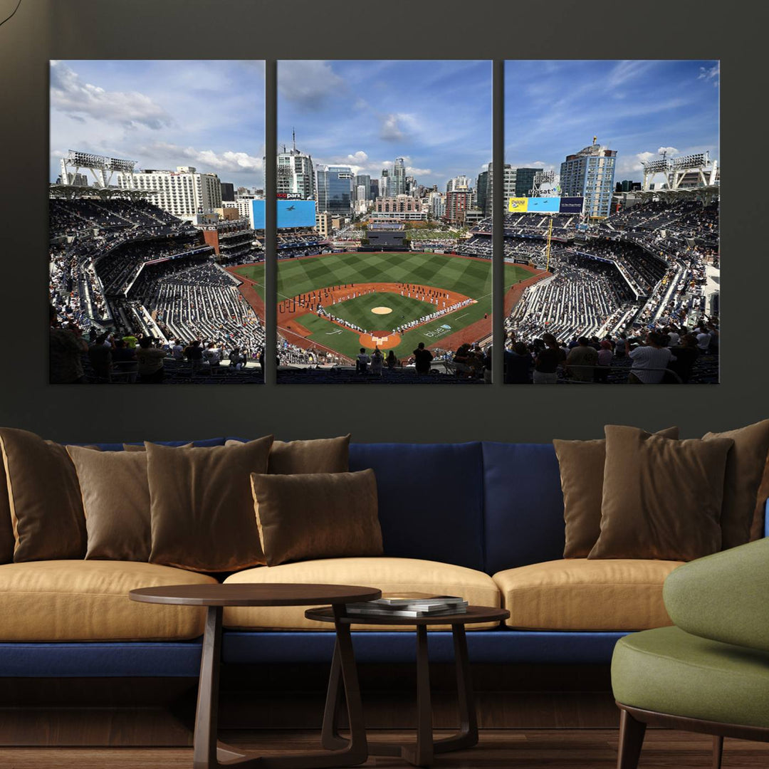 The San Diego Padres Baseball Canvas Print of Petco Park enhances the modern kitchen-dining area.