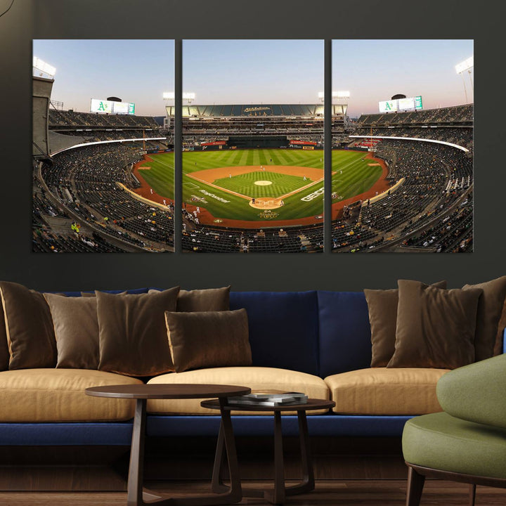 Oakland Athletics wall art canvas featuring the interior of RingCentral Coliseum Stadium.