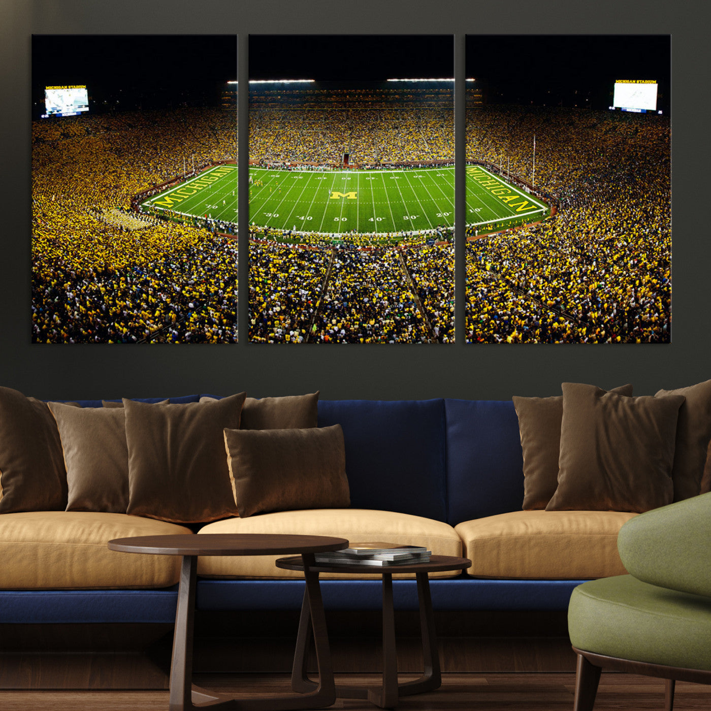26166-MGV-CV-36X24-Stadium in Michigan Wall Art Canvas Print, Framed American Football Stadium Art Picture Print, Football Stadium Field Perfect Sports Room Decor Artwork