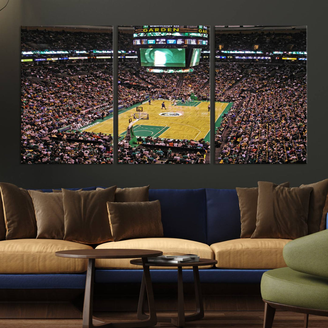 A vibrant depiction of a TD Garden basketball game is beautifully captured in the Boston Celtics Triple Canvas Wall Art, which comes framed and ready to hang.