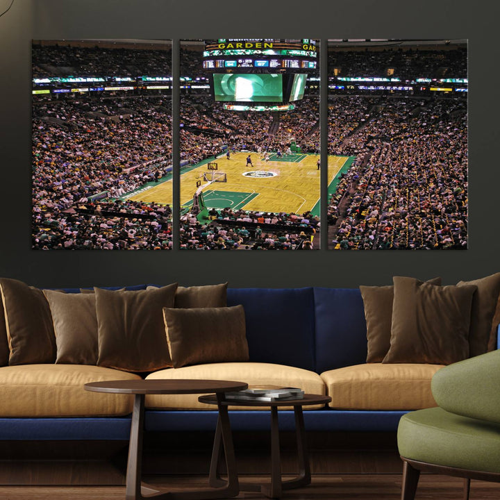 A vibrant depiction of a TD Garden basketball game is beautifully captured in the Boston Celtics Triple Canvas Wall Art, which comes framed and ready to hang.