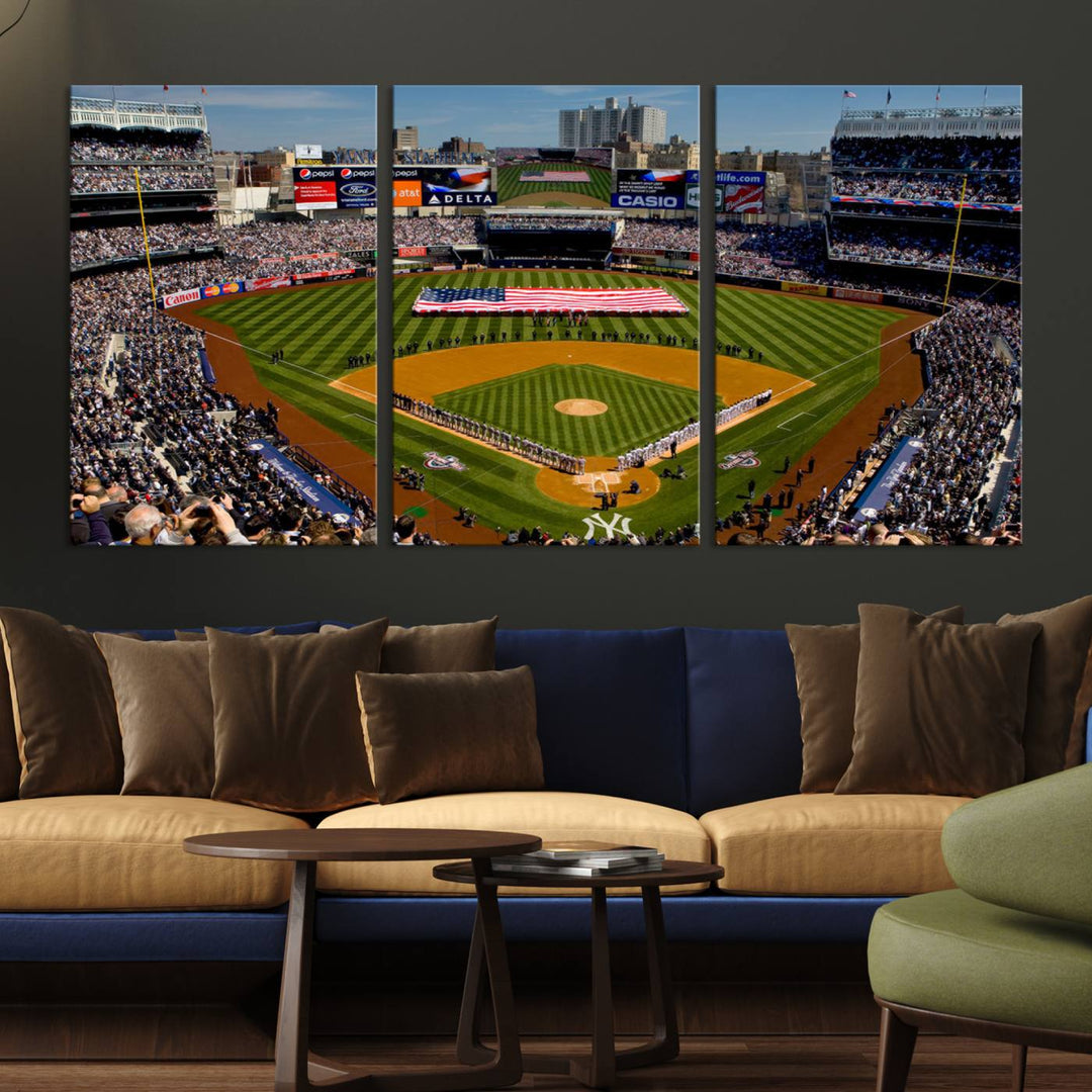 The Yankee Stadium New York wall art print features a vibrant scene of baseball fans with a large flag and players, expertly capturing the spirit of the game. This ready-to-hang décor is perfect for adding a dynamic touch to any space.