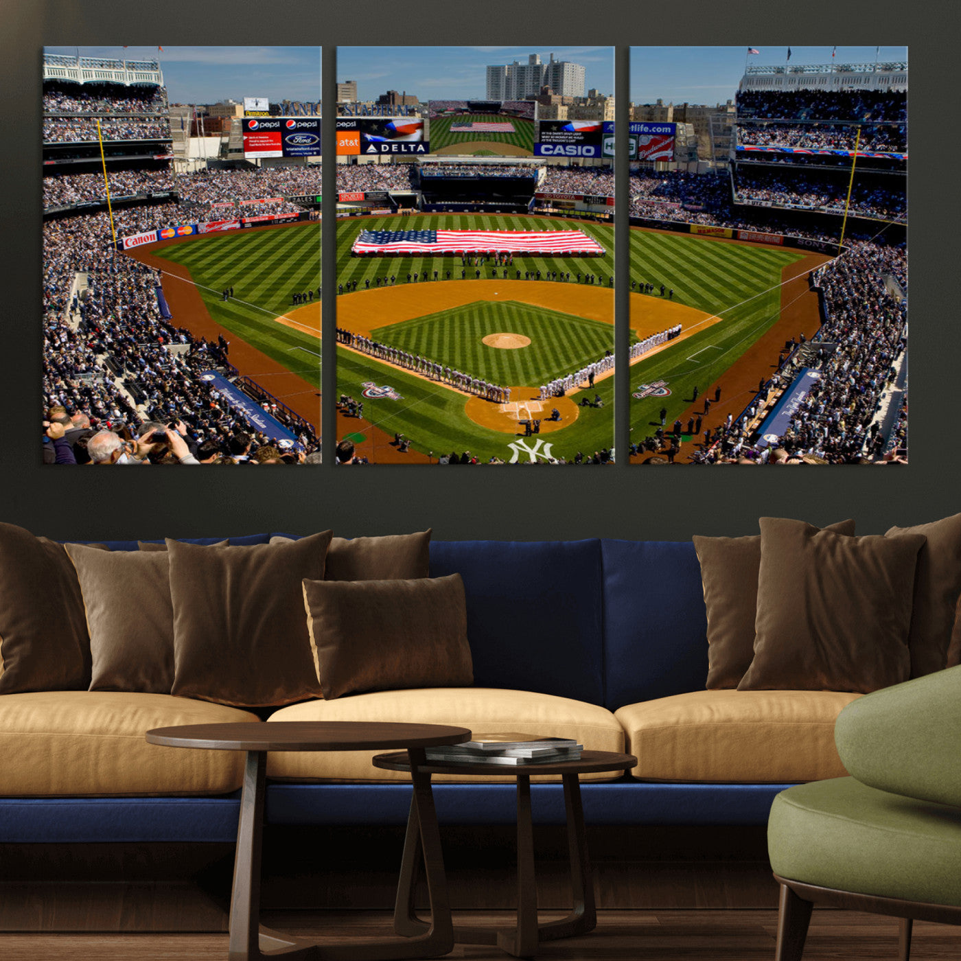 MGV-CV-60X30-3P - Yankee Stadium New York Wall Art Print | 3-Panel Canvas Print of Yankees Baseball Stadium | Large Framed Wall Decor for Baseball Fans | Ready-to-Hang