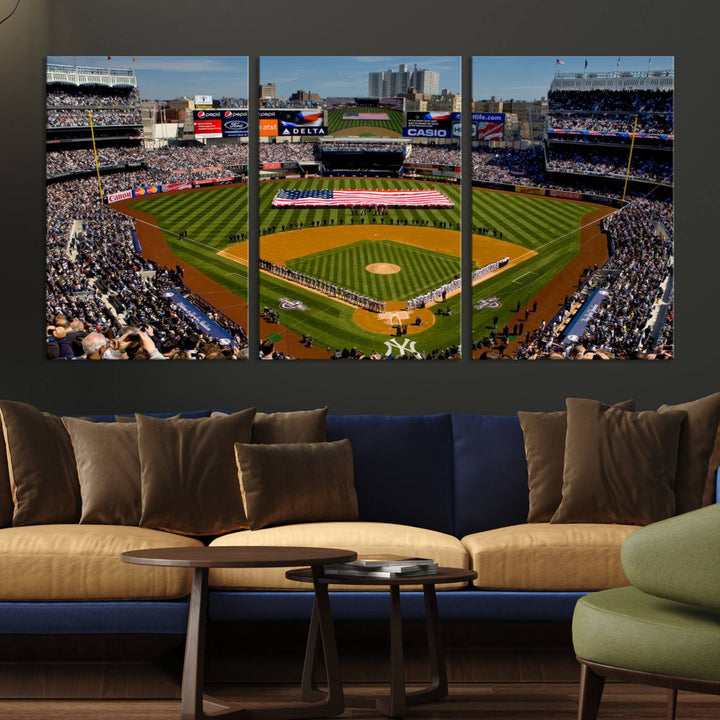 The Yankee Stadium New York wall art print features a vibrant scene of baseball fans with a large flag and players, expertly capturing the spirit of the game. This ready-to-hang décor is perfect for adding a dynamic touch to any space.