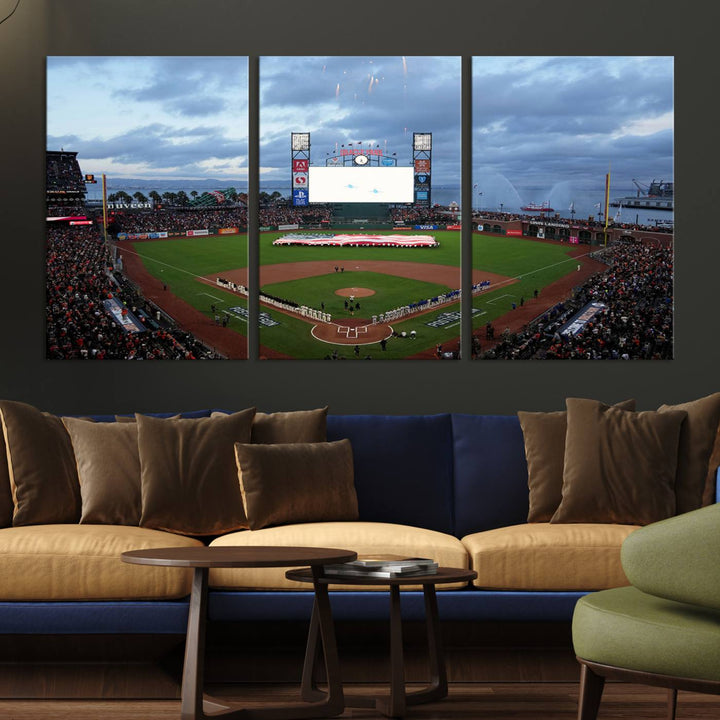 This framed 3-panel canvas MLB wall art features a giant flag and fans under a cloudy sky at Oracle Park.