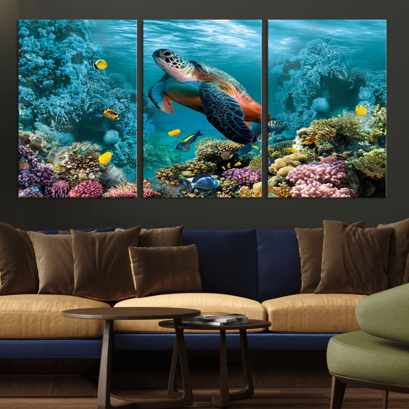 MGV-CV-60X30-3P - Sea Turtle and Coral Reef Triptych Wall Art – Vibrant Underwater Scene Canvas Set for Ocean Lovers and Coastal Decor – Ready to Hang 3-Panel Artwork