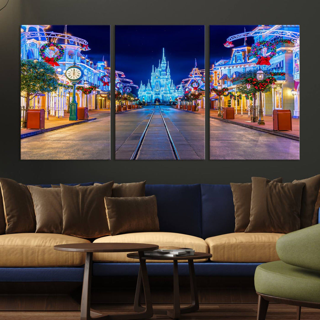 Disney wall art featuring a fantasy castle street at night.