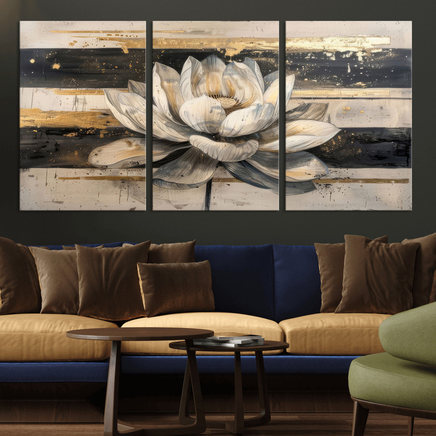 MGV-CV-60X30-3P - Abstract Lotus Flower Wall Art Canvas Print, Meditation Yoga Room Wall Art