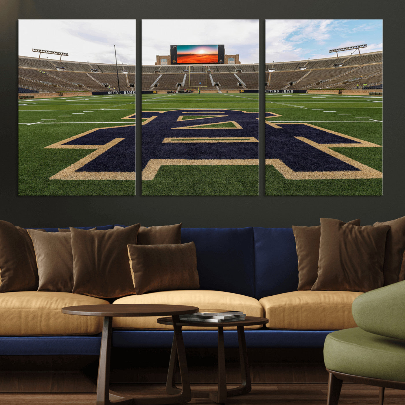 MGV-CV-60X30-3P - Notre Dame Stadium Giclee Canvas Print | Triptych Wall Art Featuring Iconic Notre Dame Football Field | Ready-to-Hang Sports Stadium Decor