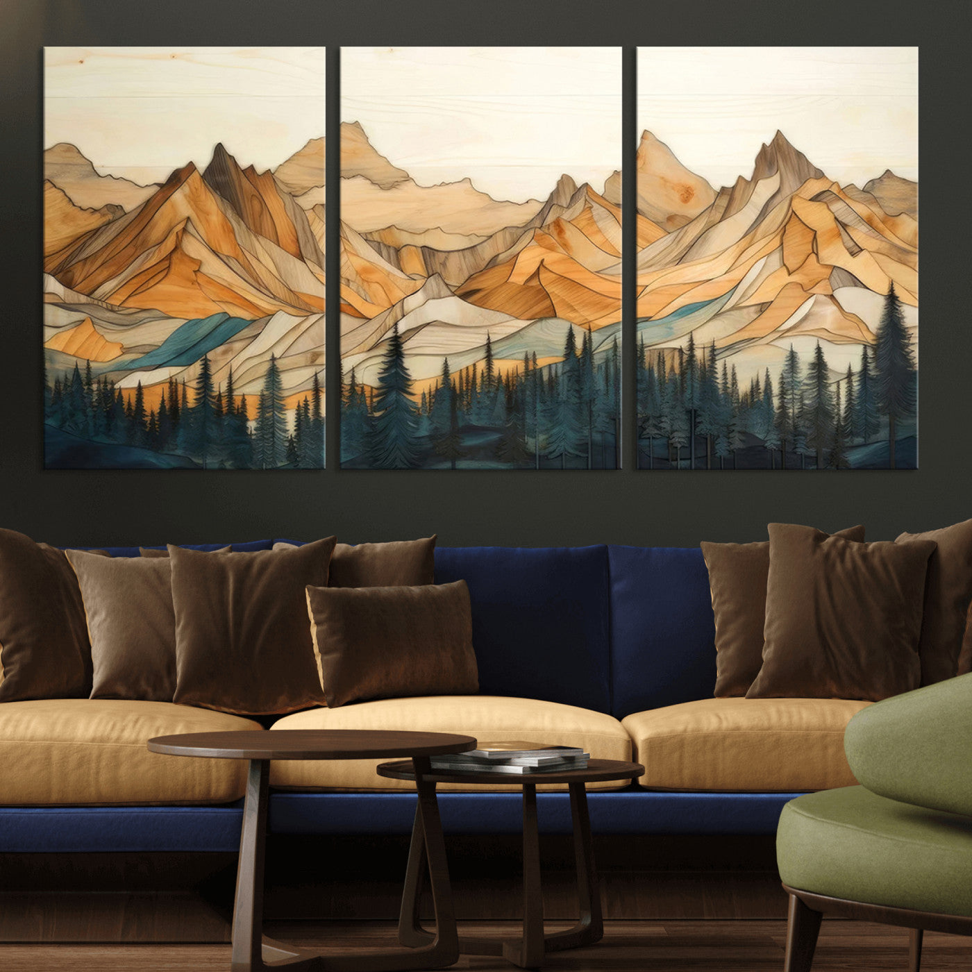 -Rustic Wood Mountain Wall Art Print | Triptych Giclee Print Featuring Handcrafted Forest and