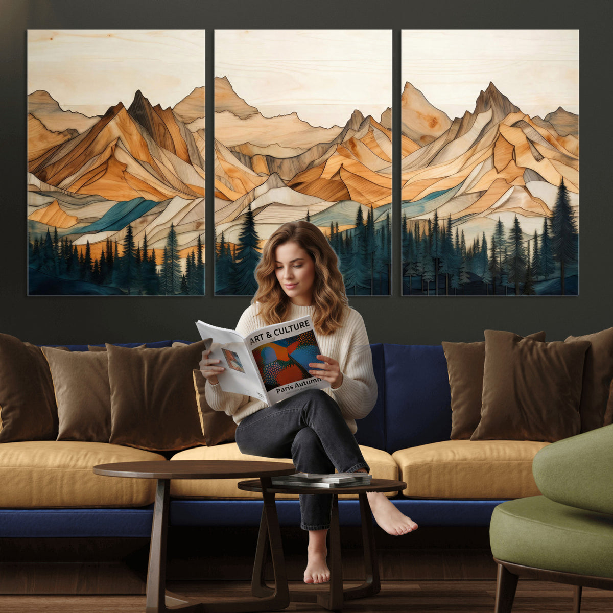 31576-PAN-FL-20X10 - Rustic Wood Mountain Wall Art Print | Triptych Giclee Print Featuring Handcrafted Forest and