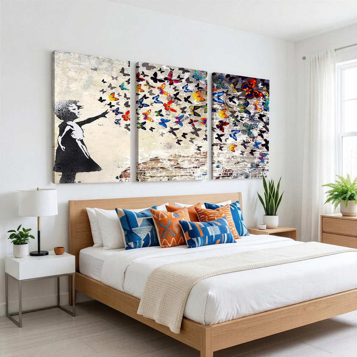97895-MGV-CV-24X16 - Banksy Graffiti Wall Art Canvas Print, Girl Releasing Vibrant Butterflies