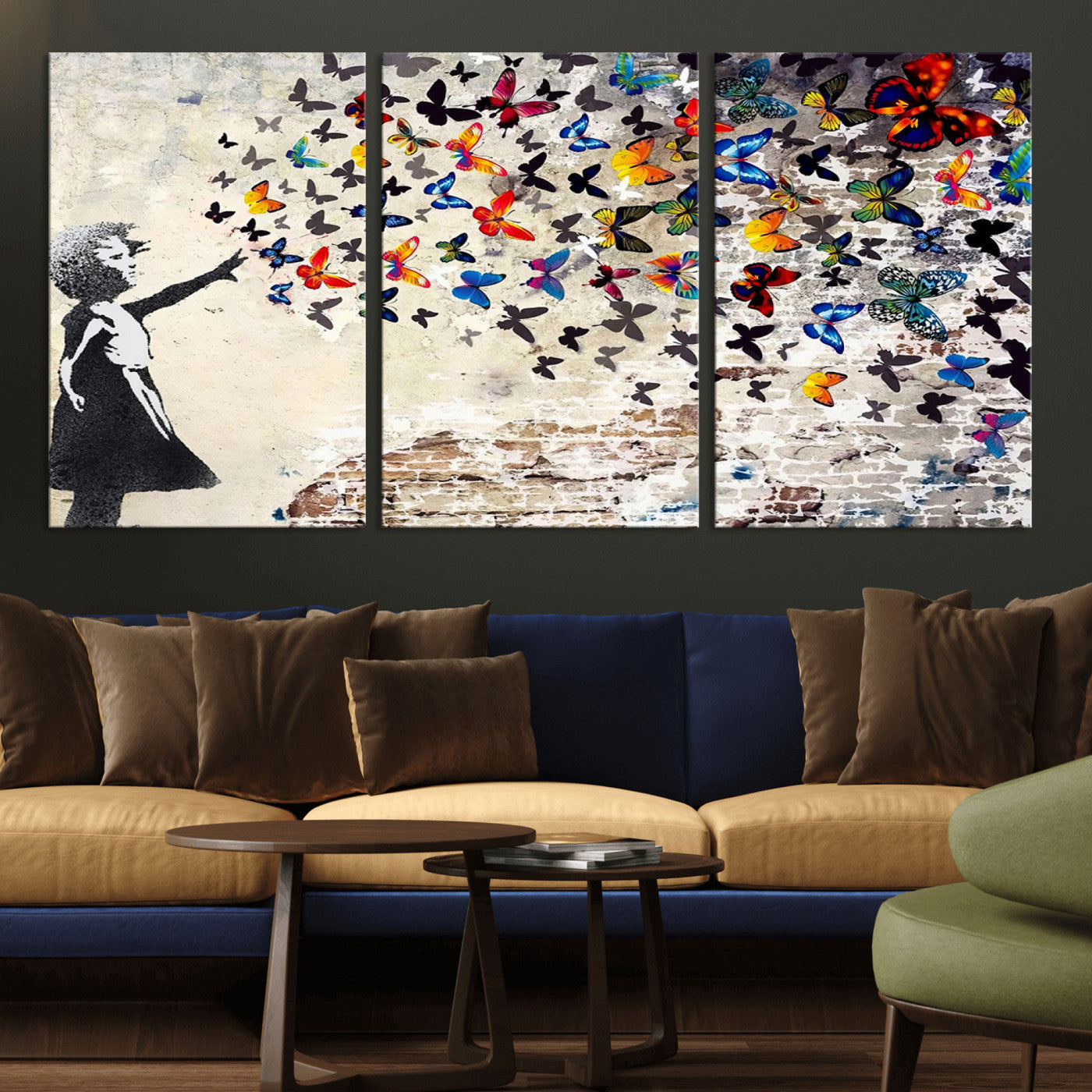MGV-CV-60X30-3P - Banksy Graffiti Wall Art Canvas Print: Girl Releasing Vibrant Butterflies – Ready to Hang