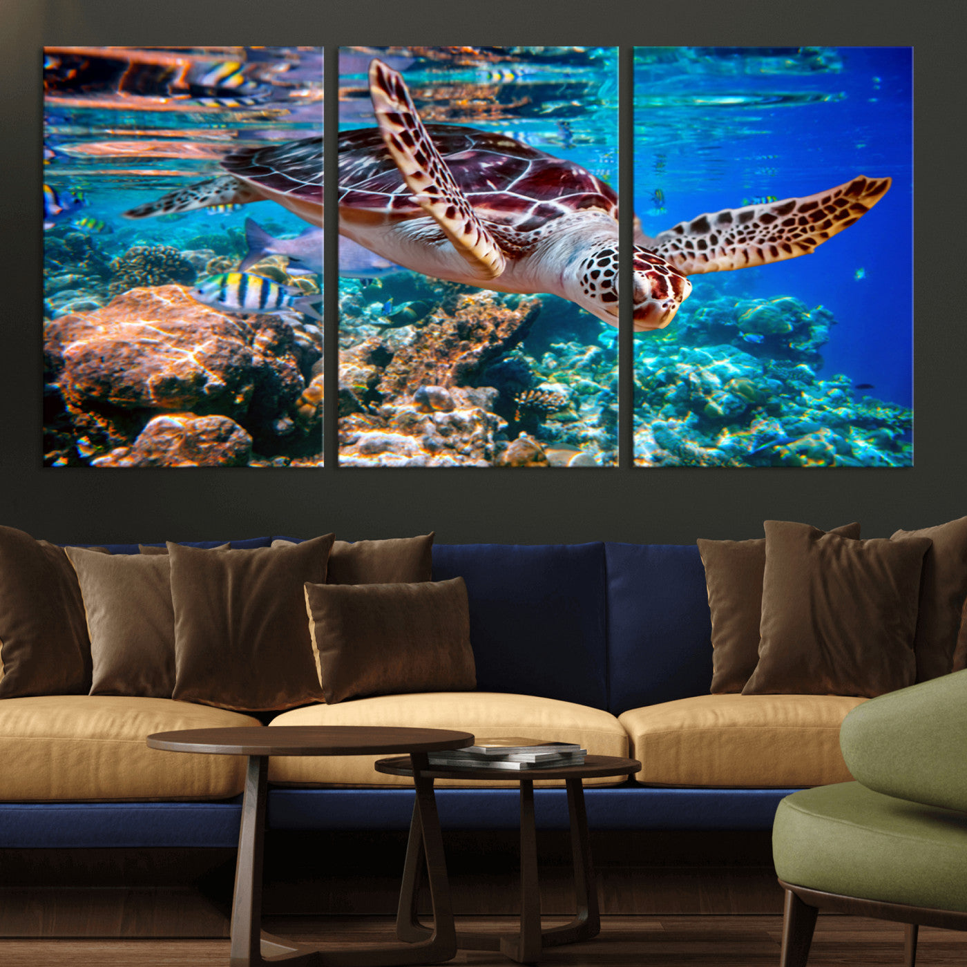 MGV-CV-60X30-3P - Underwater Coral Reef Sea Turtle Wall Art Canvas Print, Vibrant Marine Life | Colorful Ocean Scene