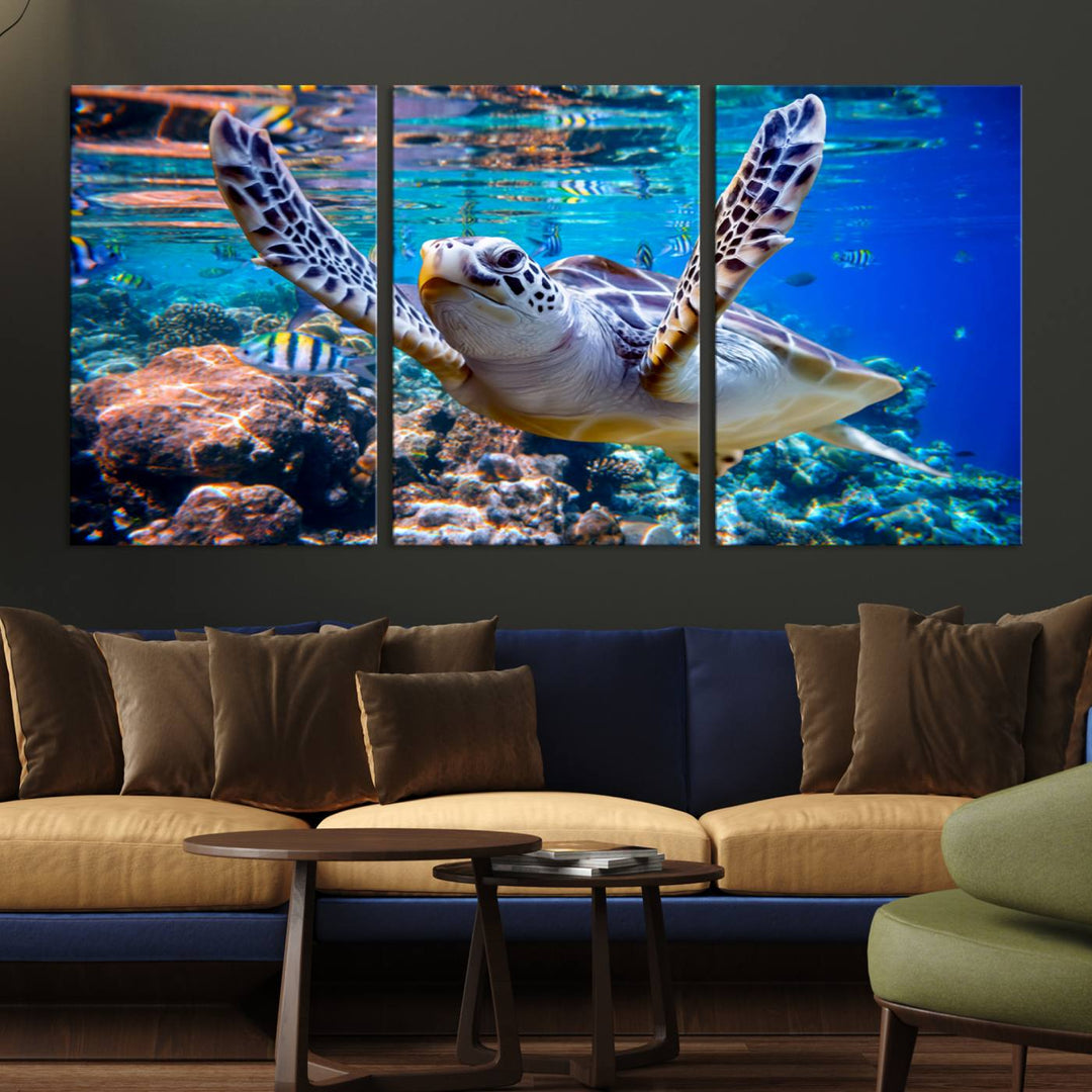 The Underwater Sea Turtle Wall Art Canvas Print serves as vibrant ocean décor, enhancing the kitchen with its stunning depiction.