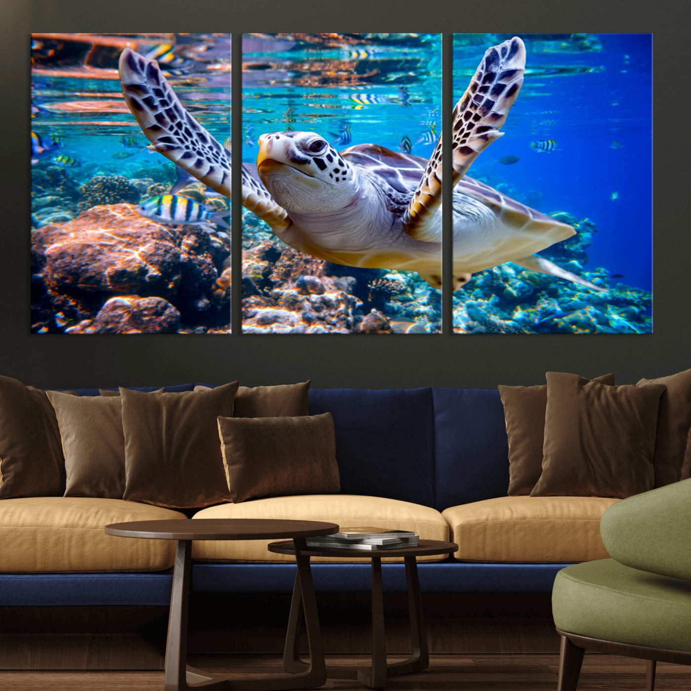 MGV-CV-60X30-3P - Underwater Sea Turtle Wall Art Canvas Print – Vibrant Ocean Coral Reef Décor, Ready to Hang