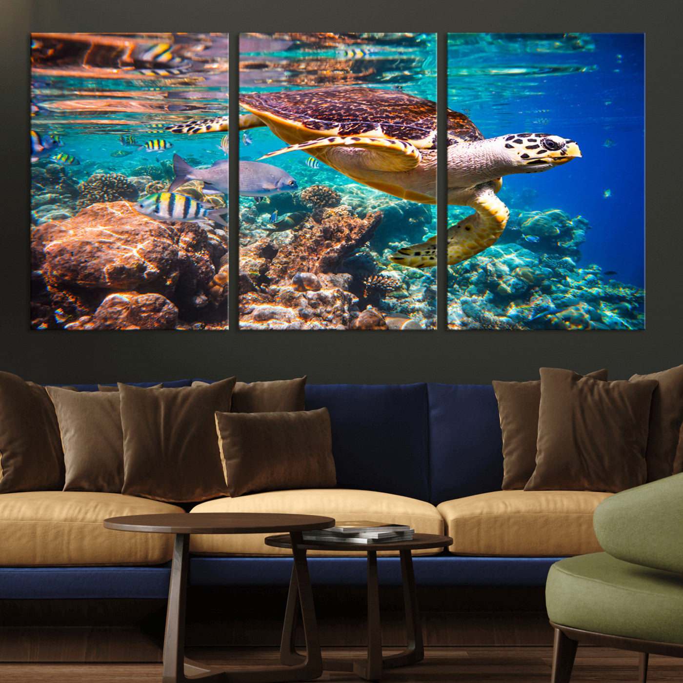 MGV-CV-60X30-3P - Sea Turtle Wall Art Canvas Print – Vibrant Ocean Coral Reef Décor, Ready to Hang