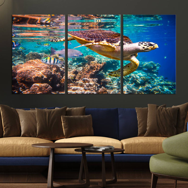 A Sea Turtle Wall Art Canvas Print features a colorful turtle swimming among coral. This artwork is ready to hang.