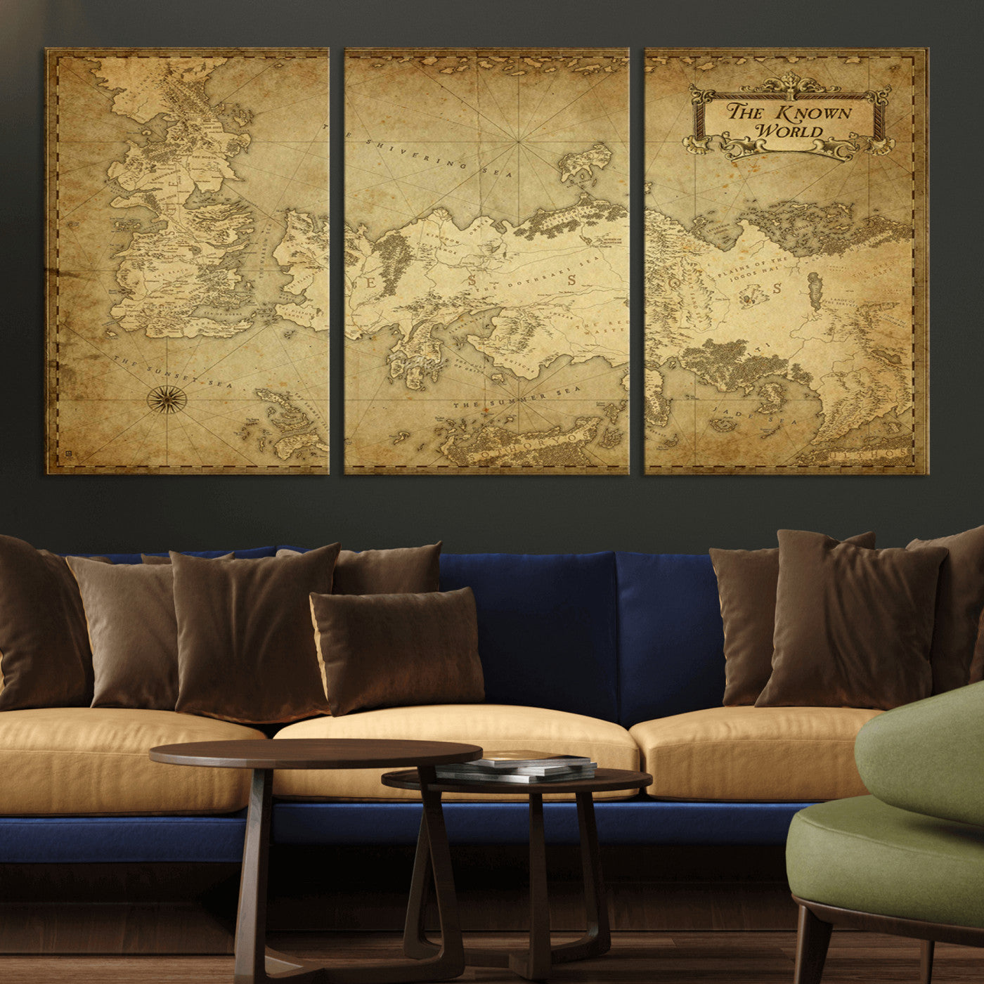 MGV-CV-60X30-3P - Vintage Game of Thrones Map Wall Art | Westeros and Essos Antique Style Print | The Known World in Triptych Canvas | Giclee Canvas for Fantasy Lovers