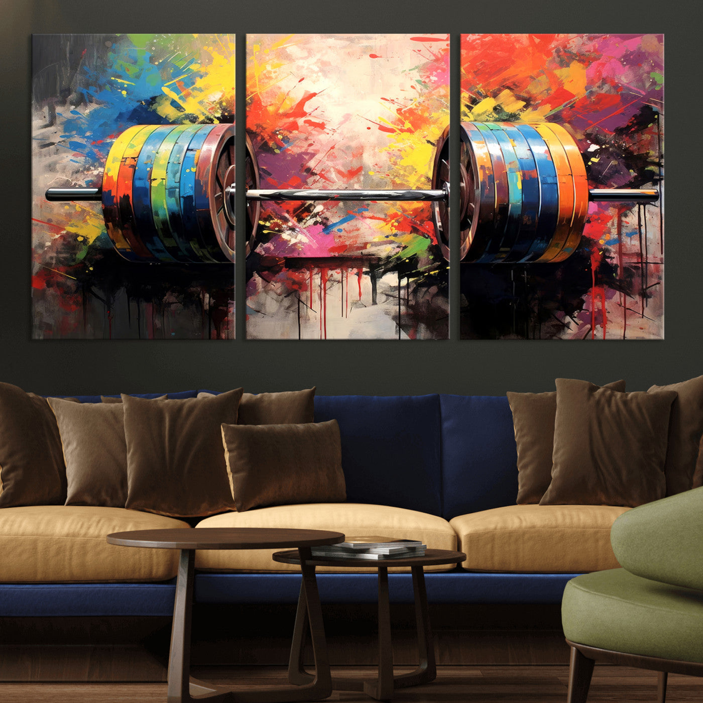 MGV-CV-60X30-3P - Weightlifting Barbell Art Triptych, Bold Abstract Fitness Wall Decor for Gym or Home, Giclee Canvas Print