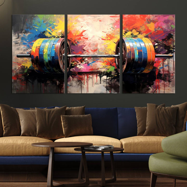 The Weightlifting Barbell Art Triptych hangs prominently on the wall.