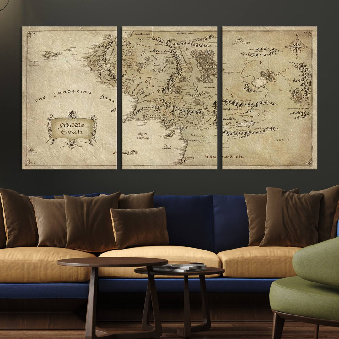 A vintage-style Lord of the Rings map canvas print, featuring decorative labels and a compass rose for fantasy decor.