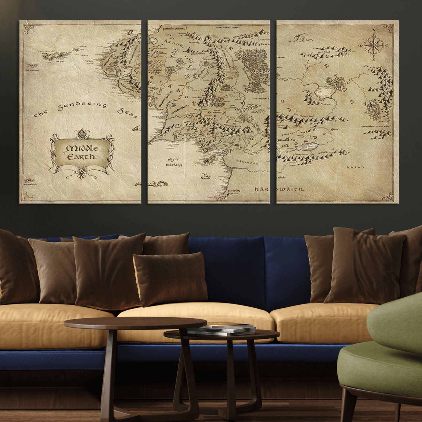 MGV-CV-60X30-3P - Lord Of The Rings Middle Earth Map Canvas Wall Art Print, Vintage Style Lord of the Rings Wall Art for Fantasy Decor
