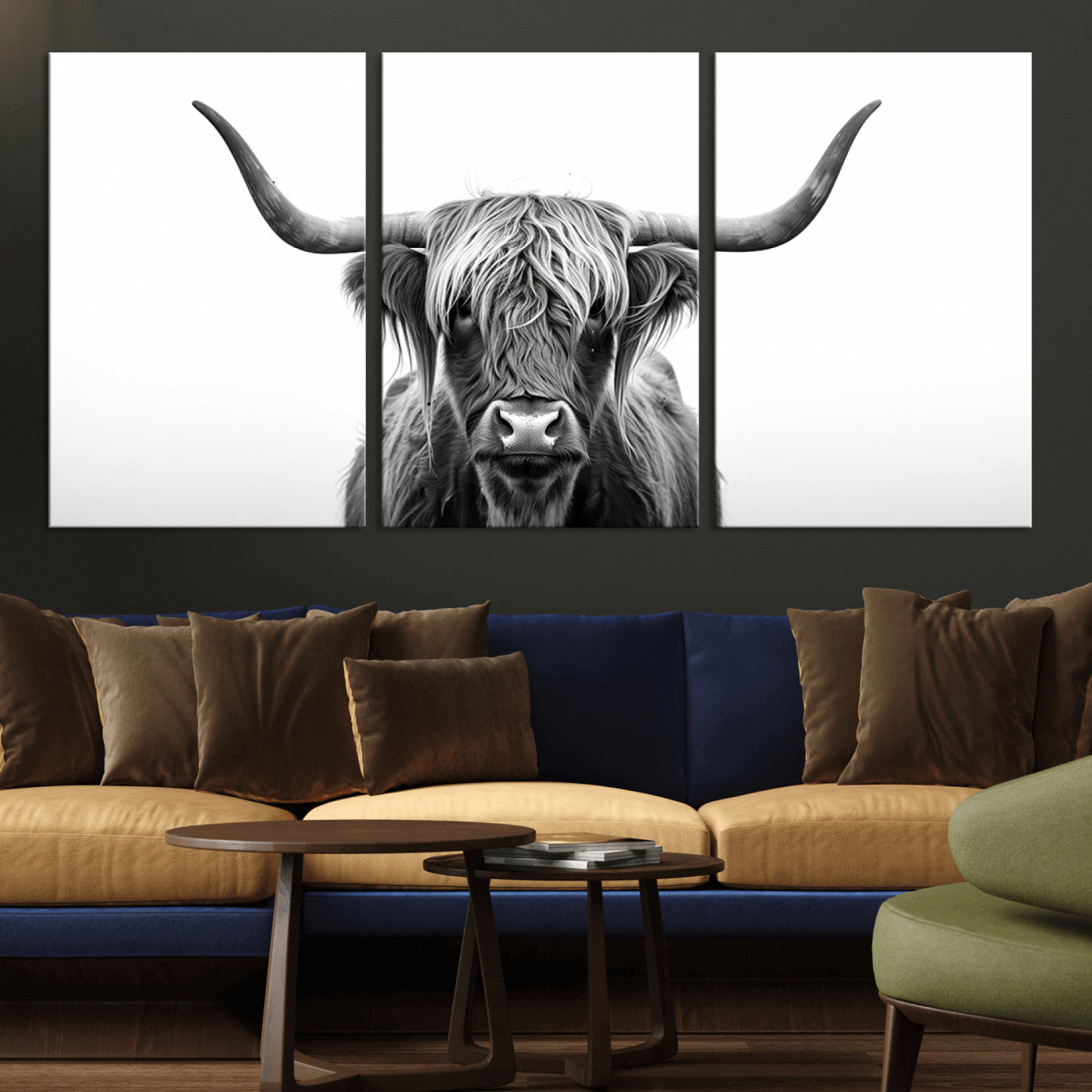 MGV-CV-60X30-3P - Highland Wall Art Canvas Print – Minimalist Black and White Farmhouse Décor, Ready to Hang