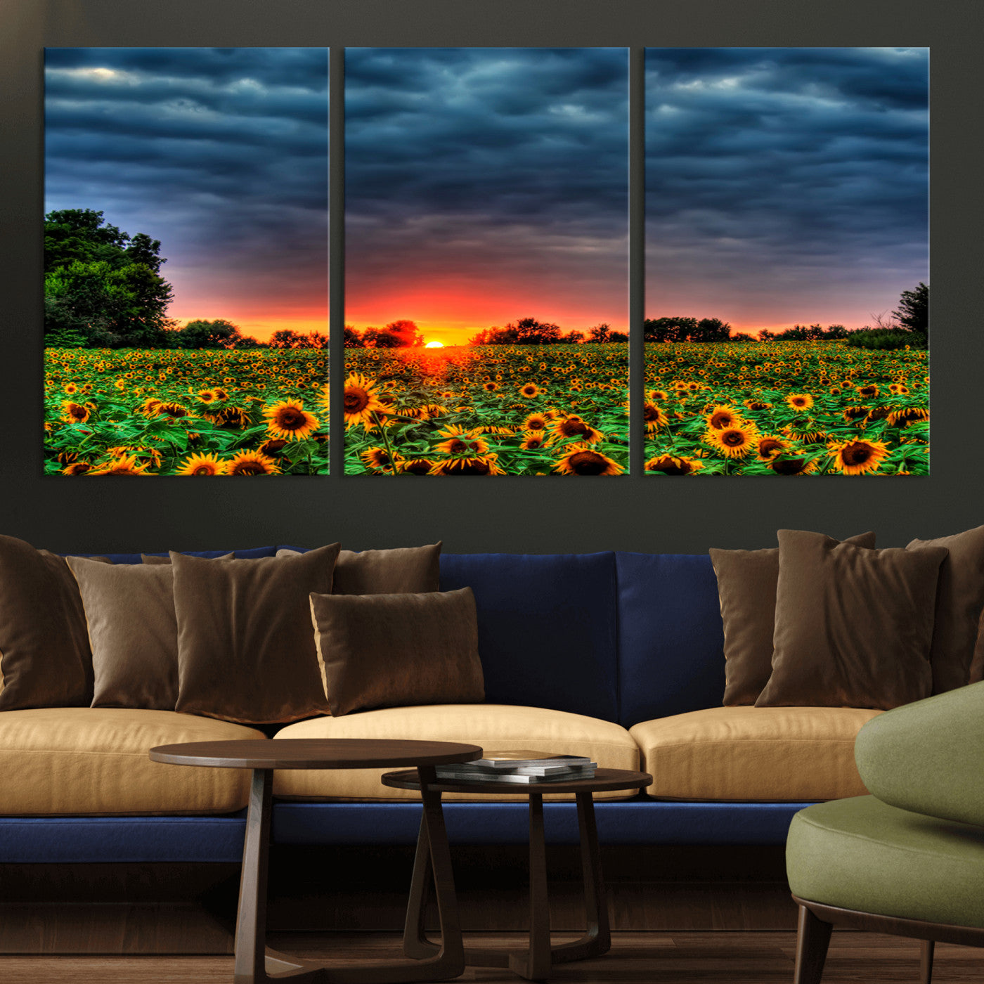 MGV-CV-60X30-3P - Golden Sunflower Field at Sunset – Breathtaking Sky and Vibrant Flowers, Ready to Hang Wall Art