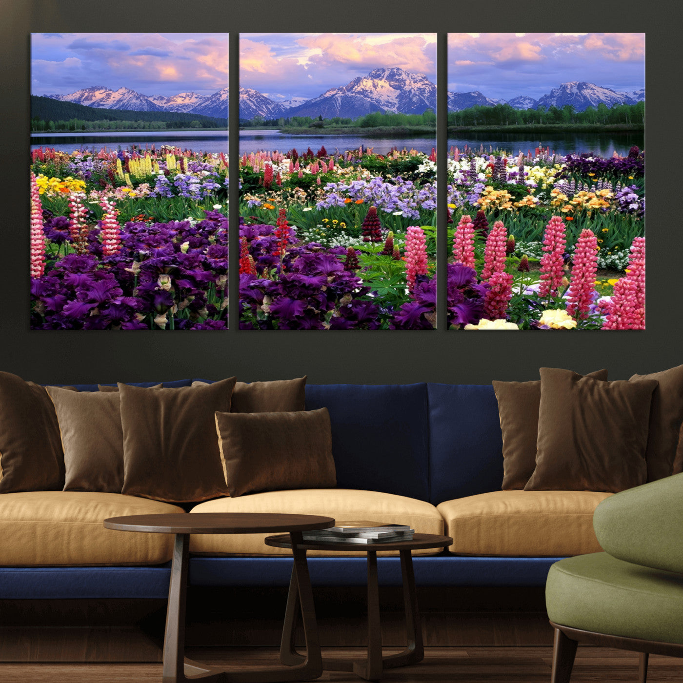 MGV-CV-60X30-3P - Vibrant Wildflower Garden and Mountain View Giclee Canvas Print | Floral Wall Art for Living Room