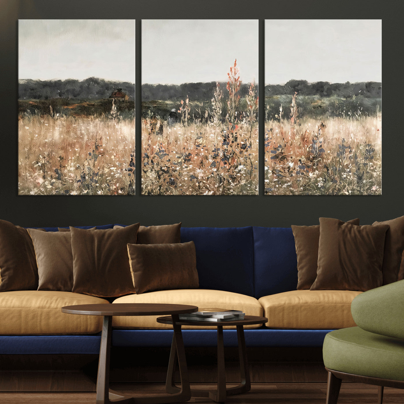 MGV-CV-60X30-3P - Rustic Field Landscape Wall Art Print, Giclee Canvas Wall Art for Modern Homes, Warm Meadow and