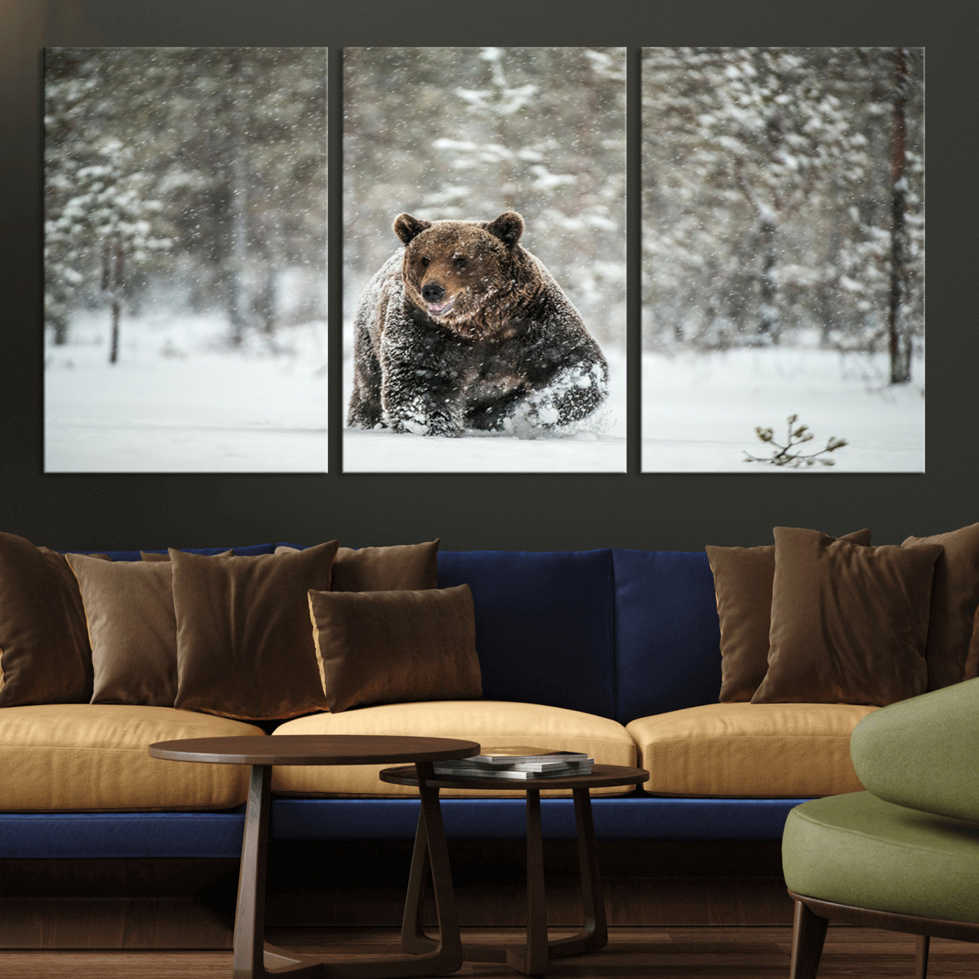 A majestic brown bear moves through a snowy forest landscape, surrounded by falling snowflakes, capturing the essence of wildlife in winter.