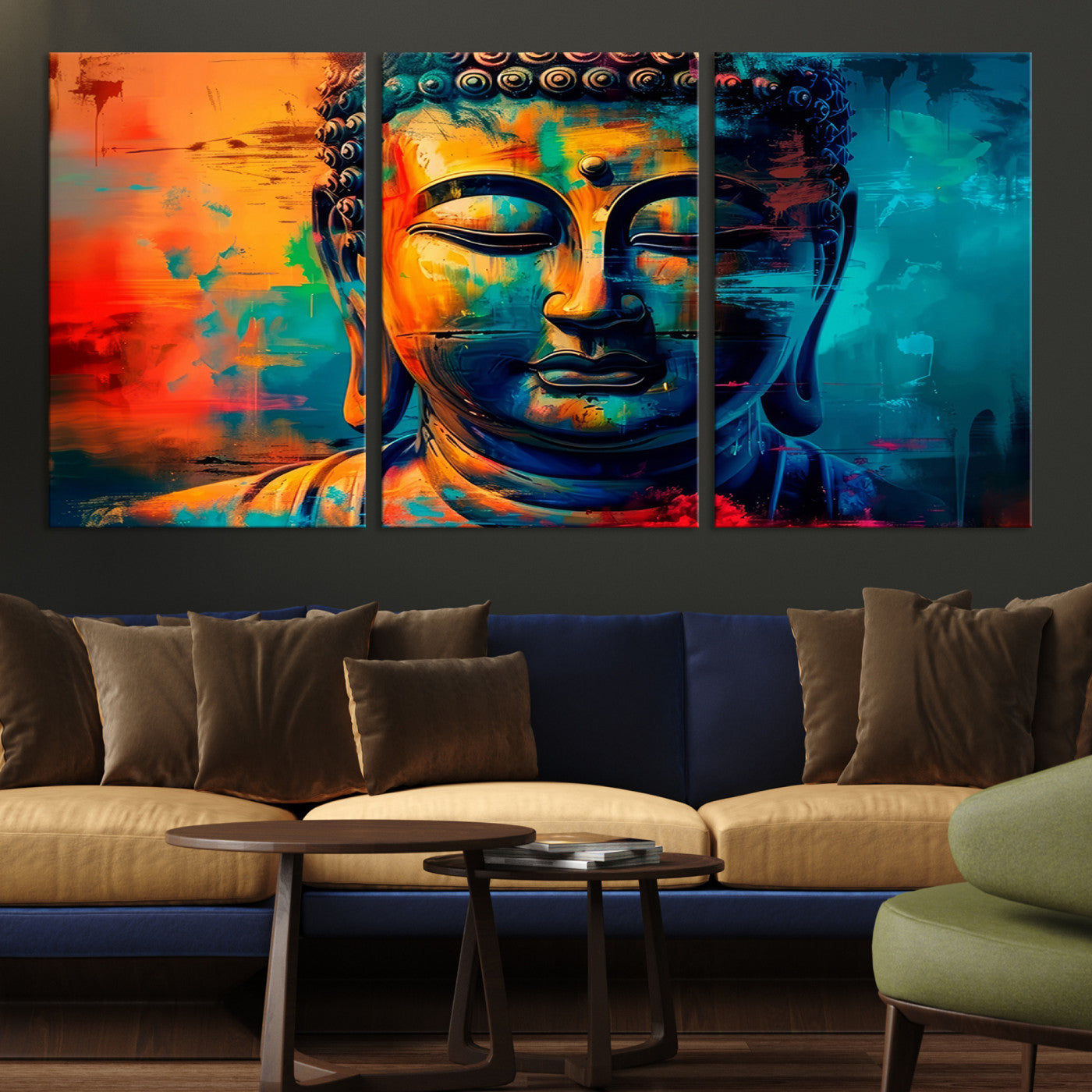 A vibrant, abstract artistic rendition of a Buddha statue face, blending bold and contrasting colors to evoke a sense of peace, spirituality, and enlightenment.