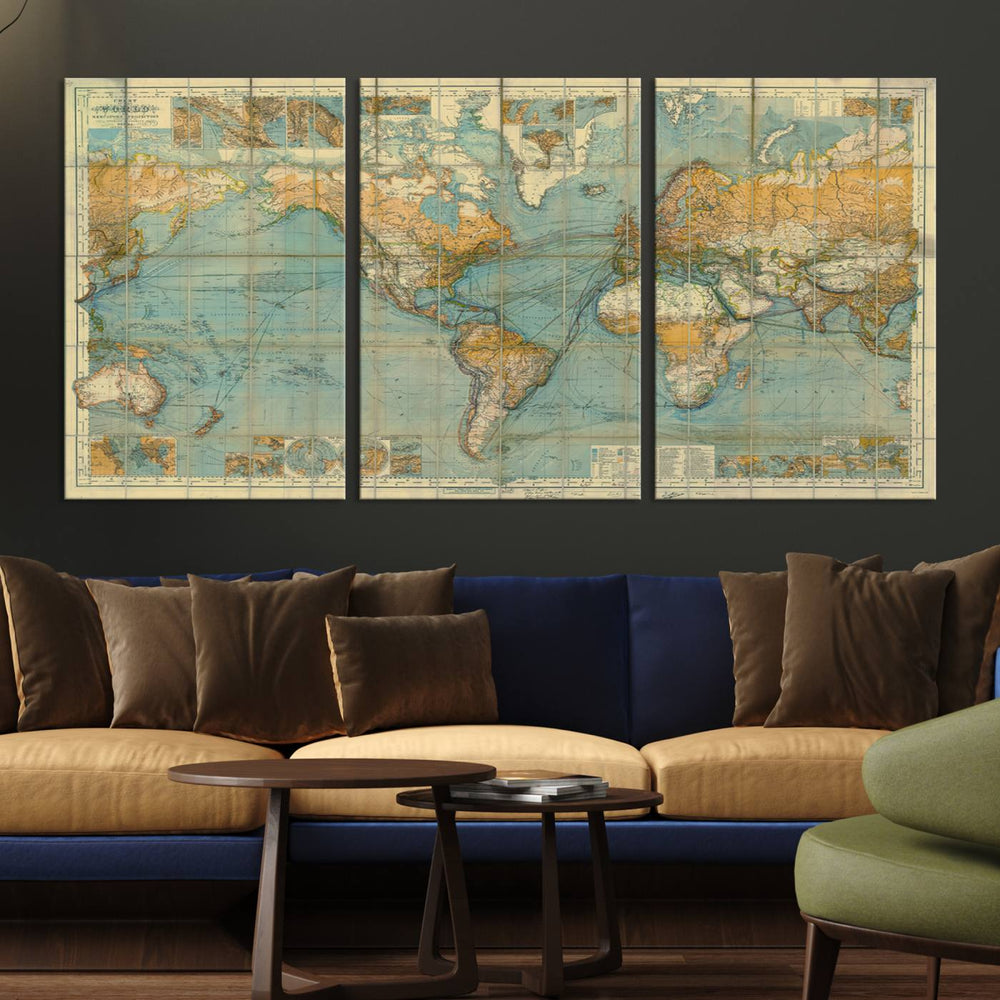 A Historical World Map print on canvas, showcasing faded colors and intricate outlines of navigation routes and ocean currents.