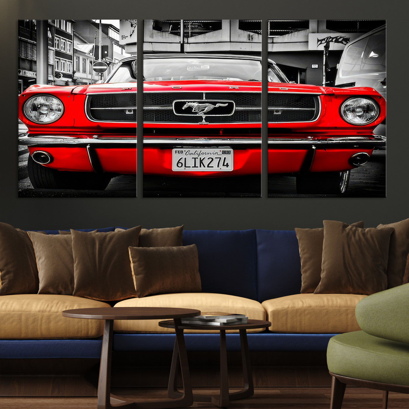 Front view of a bold red 1960s Ford Mustang parked in an urban environment, captured in dramatic contrast with a black-and-white city backdrop, emphasizing its timeless American muscle car identity.