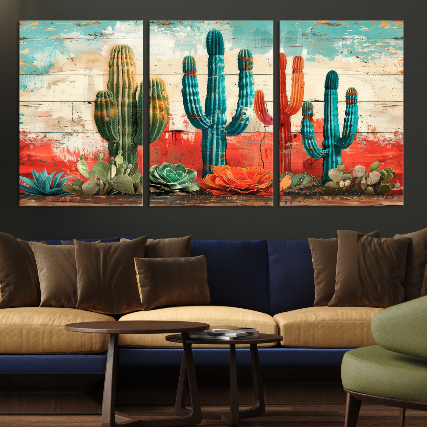 A vivid southwestern-style artwork featuring an eclectic mix of cacti and succulents painted against a textured, rustic wood backdrop in rich turquoise, red, and orange hues.
