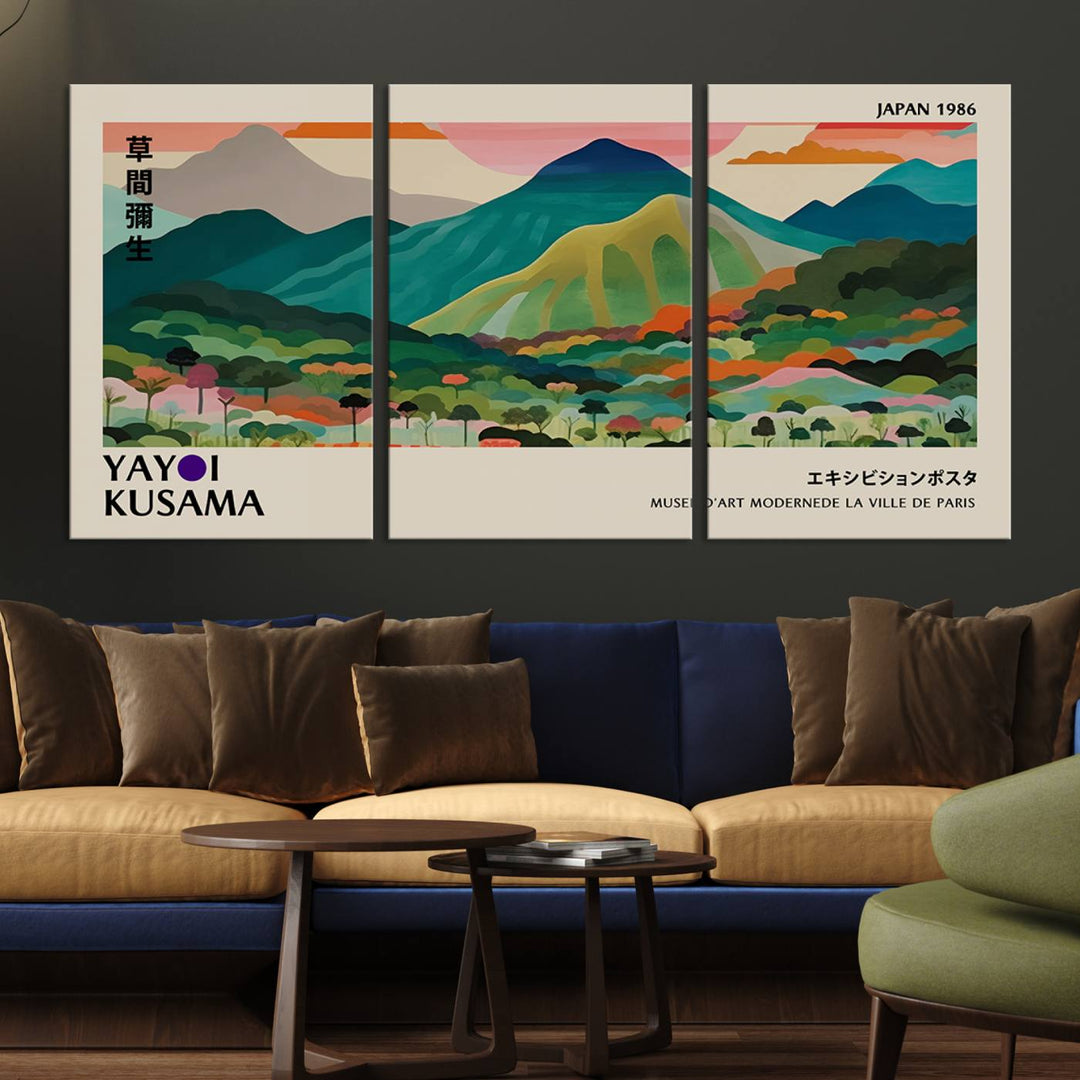 Vibrant Kusama landscape canvas featuring floral mountains and botanical decor, ideal for a modern home.