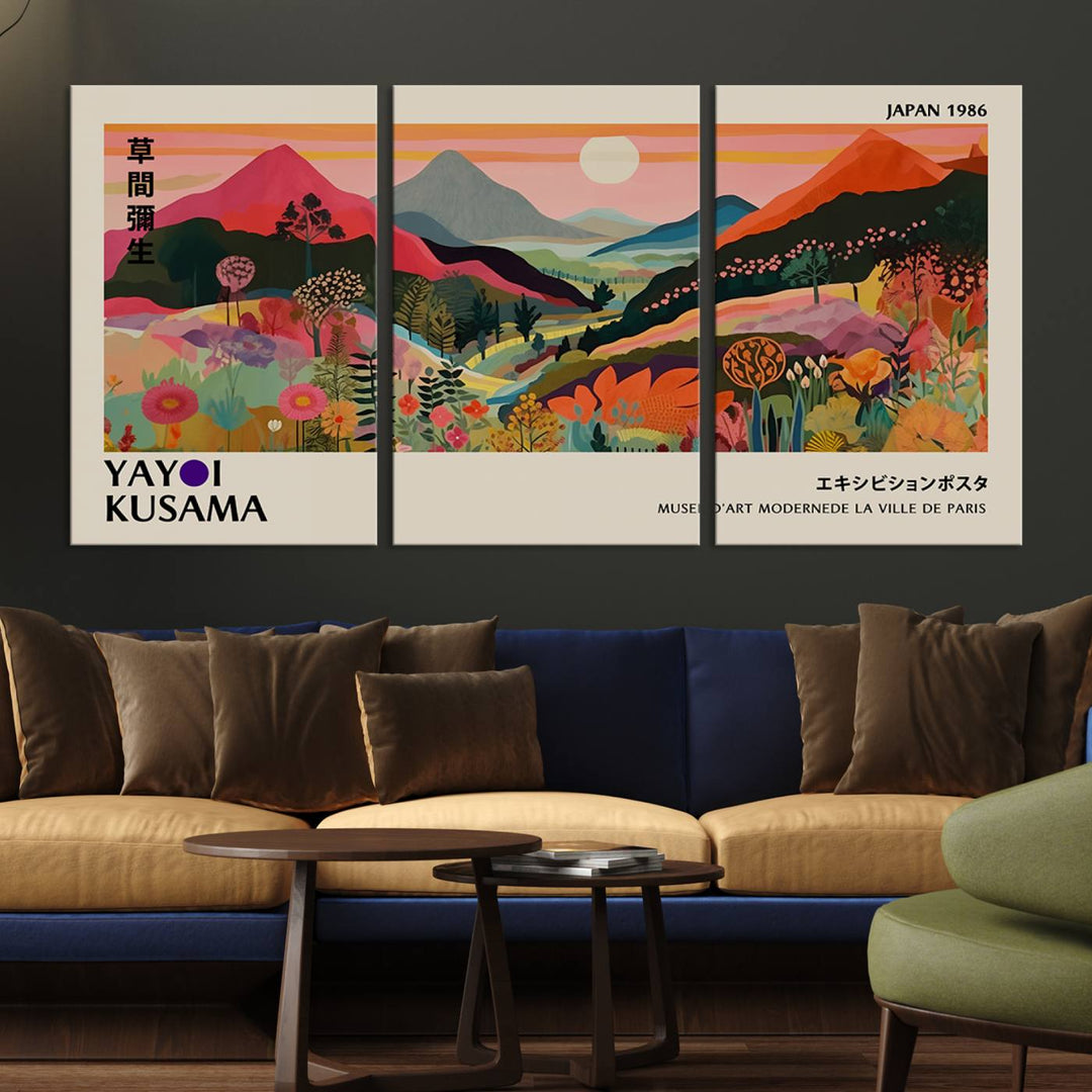 The Yayoi Kusama Landscape Print features vibrant floral mountains with abstract designs, ideal for modern decor.