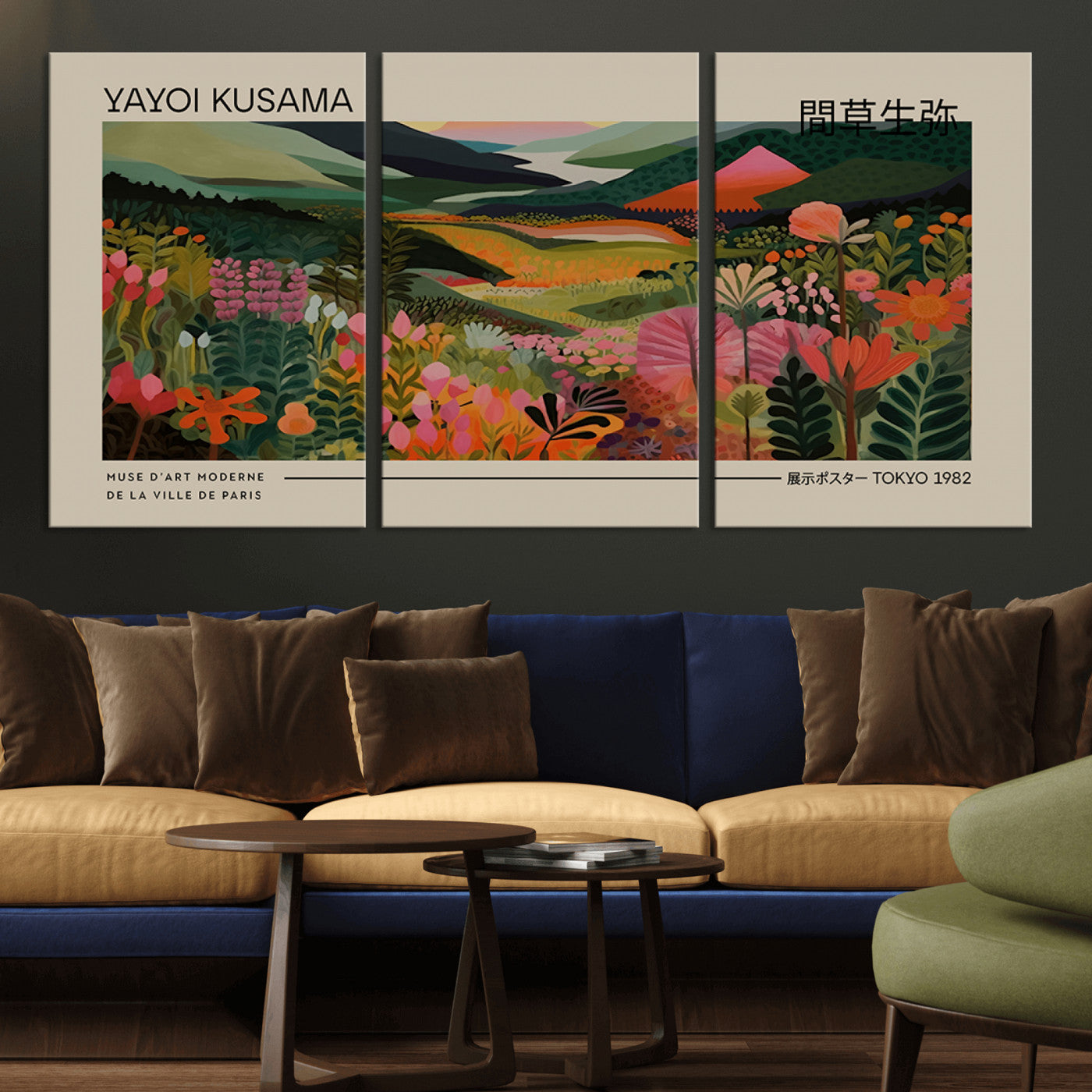 MGV-CV-60X30-3P - Yayoi Kusama Landscape Canvas Print, Vibrant Floral Mountain Art Print, Botanical Flower Nature